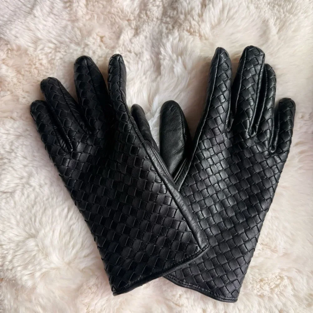 Black Leather Woven Leather Gloves